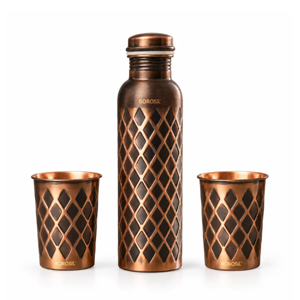 Borosil Antique Copper Bottle with Glass Set