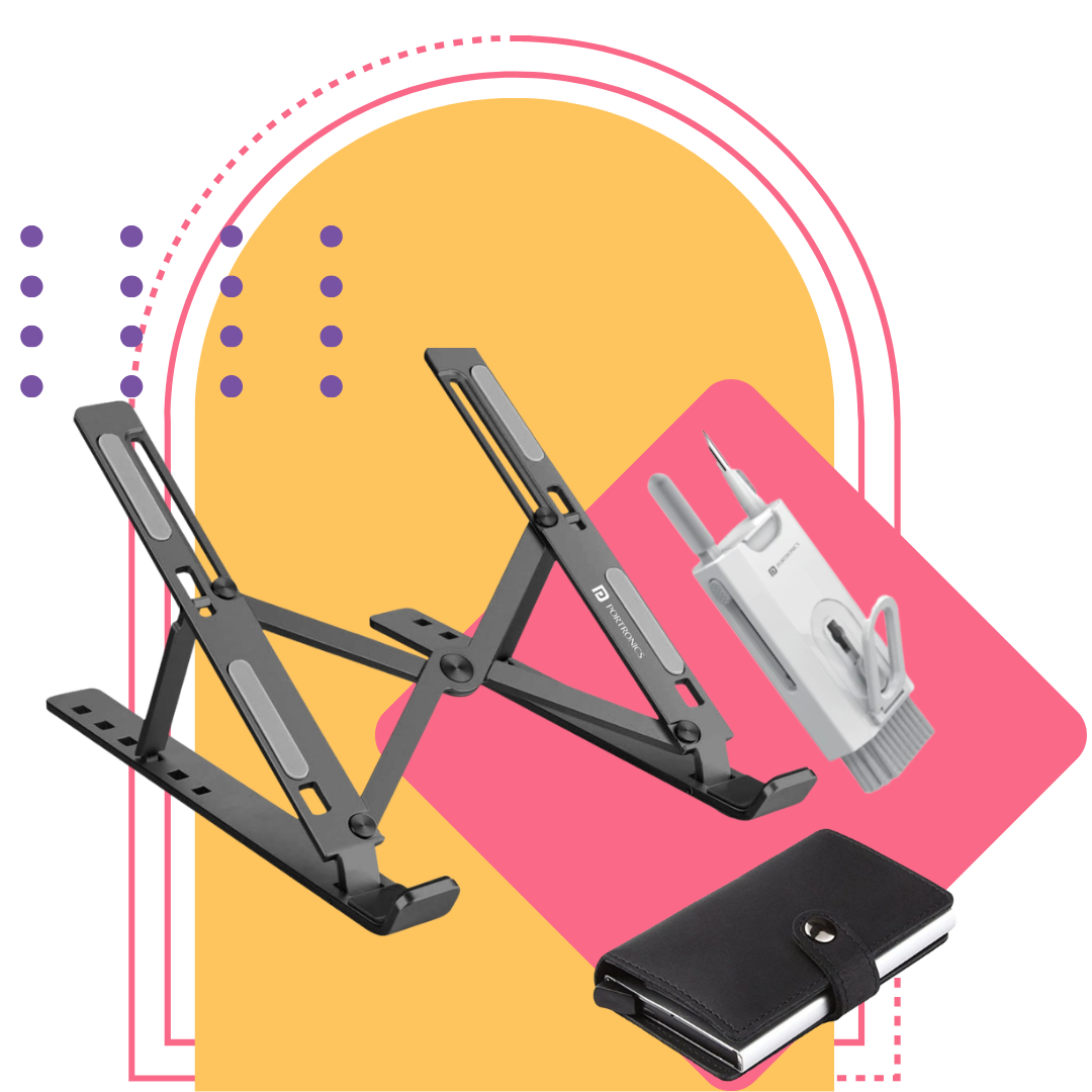 Accessories like metal laptop stand, mobile/laptop cleaner, visiting holder