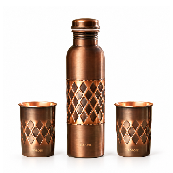 Borosil Antique Copper Bottle with Glass Set