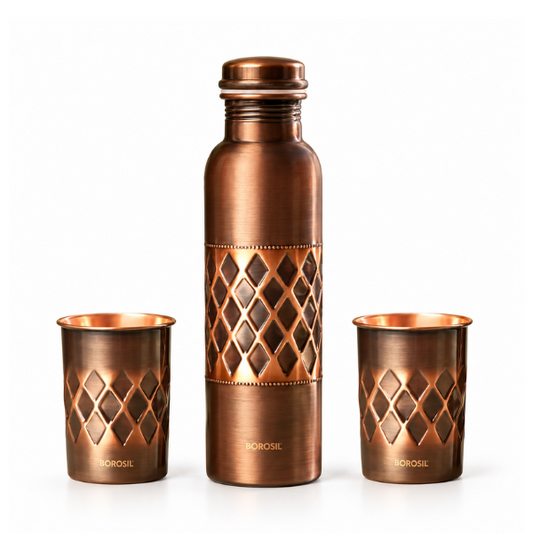 Borosil Antique Copper Bottle with Glass Set