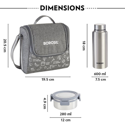 Borosil Slate Round Stainless Steel Lunchbox With Bottle