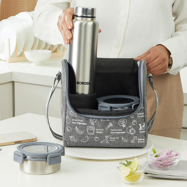 Borosil Slate Round Stainless Steel Lunchbox With Bottle