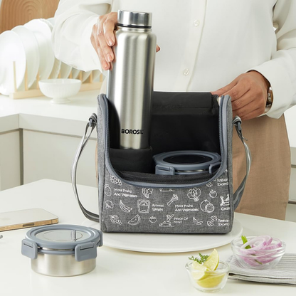 Borosil Slate Round Stainless Steel Lunchbox With Bottle