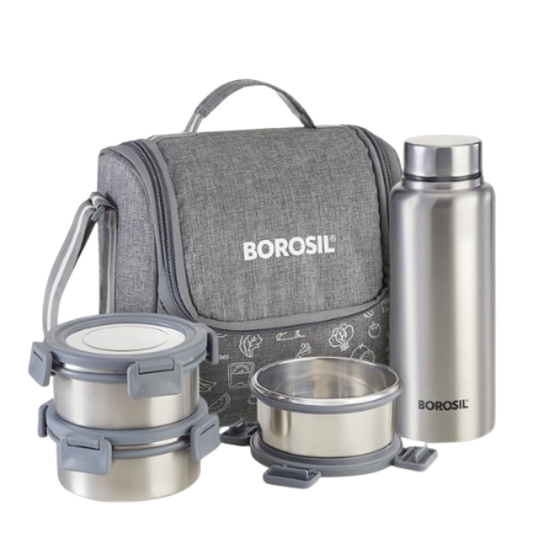 Borosil Slate Round Stainless Steel Lunchbox With Bottle